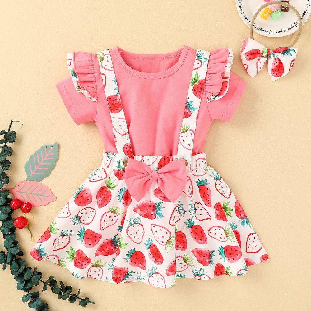 Strawberry Suspender Skirt Girls Outfit Set